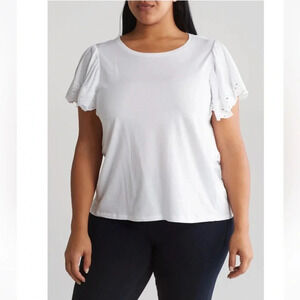 T TAHARI Crochet‎ Flutter Sleeve Top tee shirt 2X white